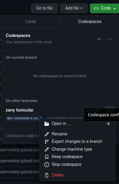 A screenshot showing the Codespaces options in the Codespaces panel for a code repository